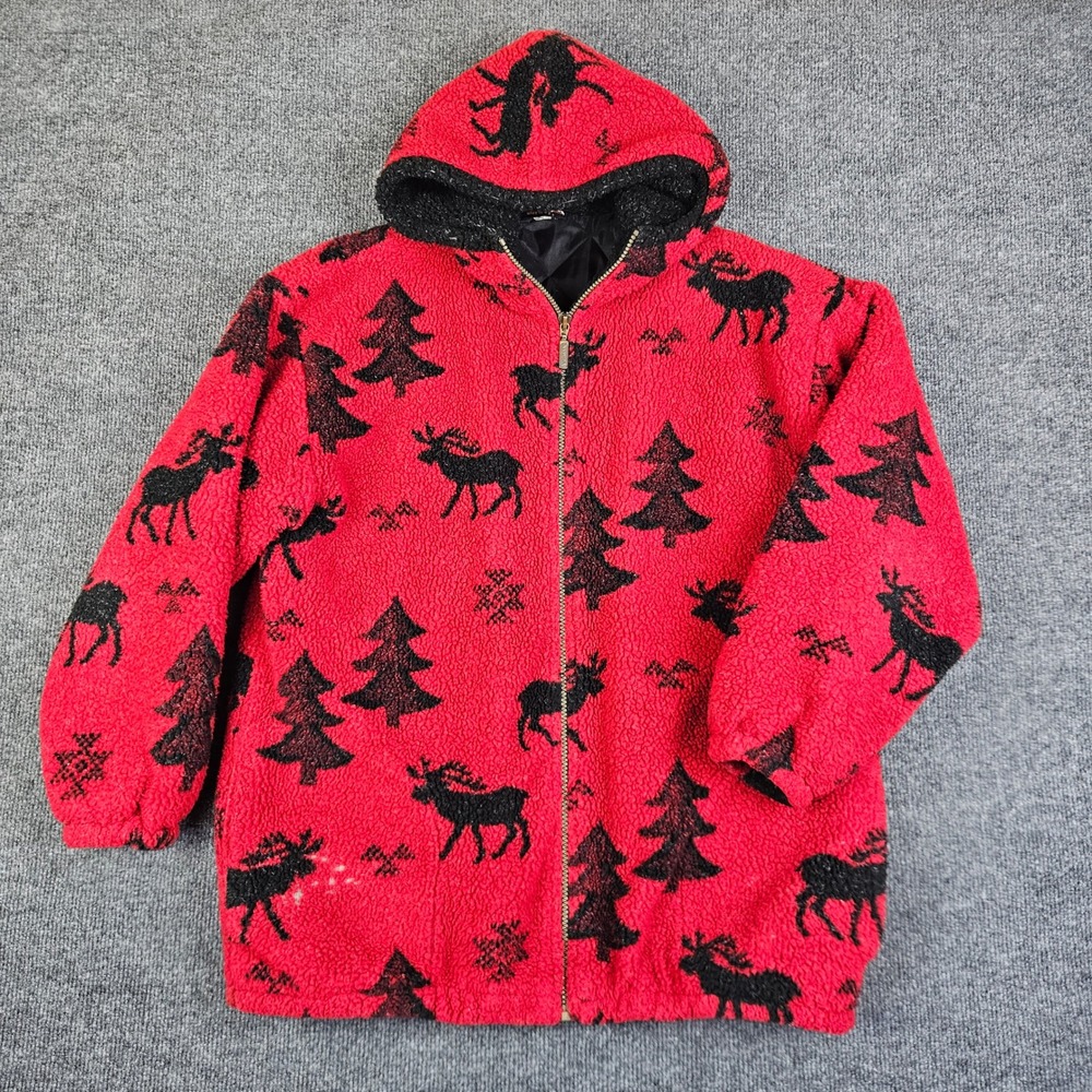 Avalanche Wear Hooded Fleece Jacket Women's M Red Black Moose‎ Tree Print USA